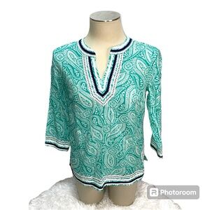 Talbots Paisley Print Cotton Embroidered Tunic Blouse Top Women's Size MP